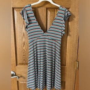 Striped multicolor short dress. Plunging neck line. Hardly worn.